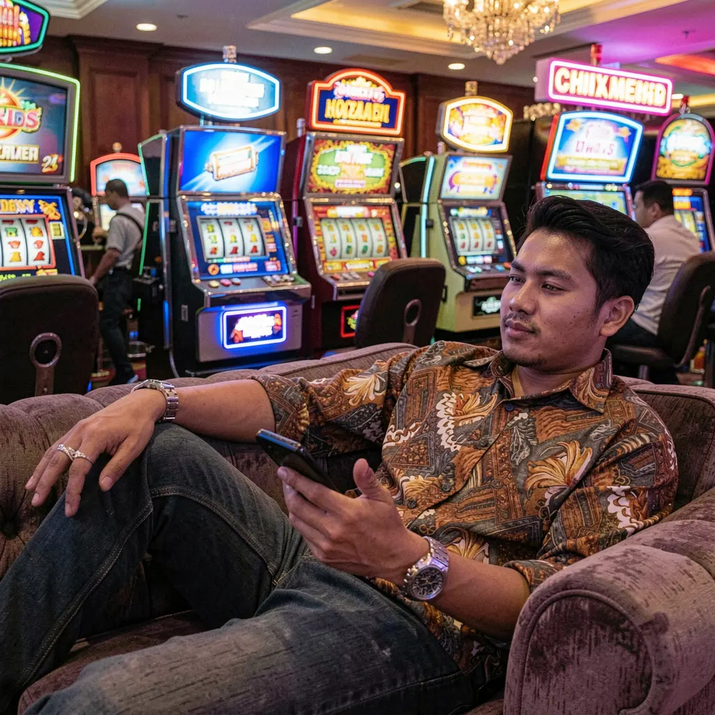 Relaxed Filipino man using the DD9D9 mobile app on his phone while lounging on a modern sofa with colorful casino games glowing behind him