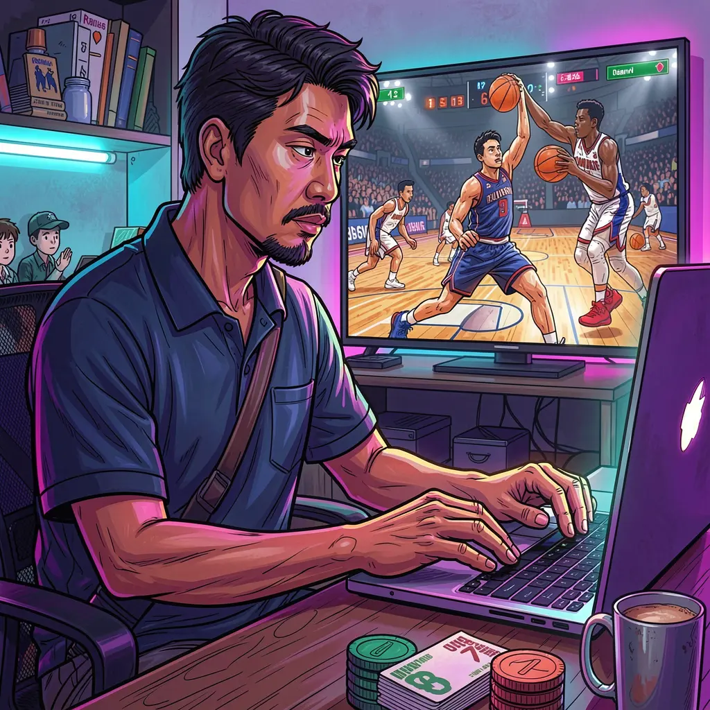 Experienced Filipino bettor analyzing live basketball odds on a laptop with dynamic sports visuals while using DD9D9 betting platform