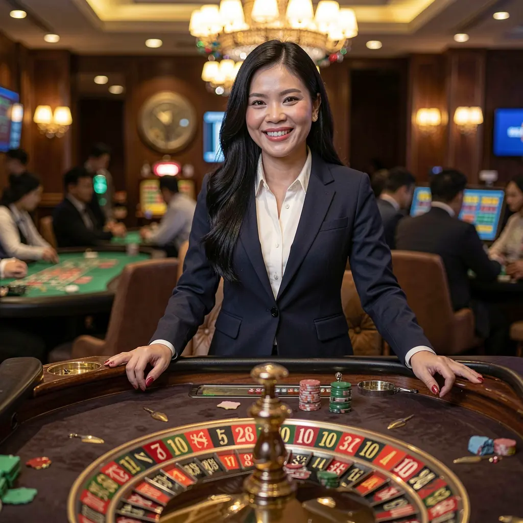 Professional live casino dealer smiling at a roulette table with vibrant lights creating an immersive DD9D9 casino experience for players in the Philippines
