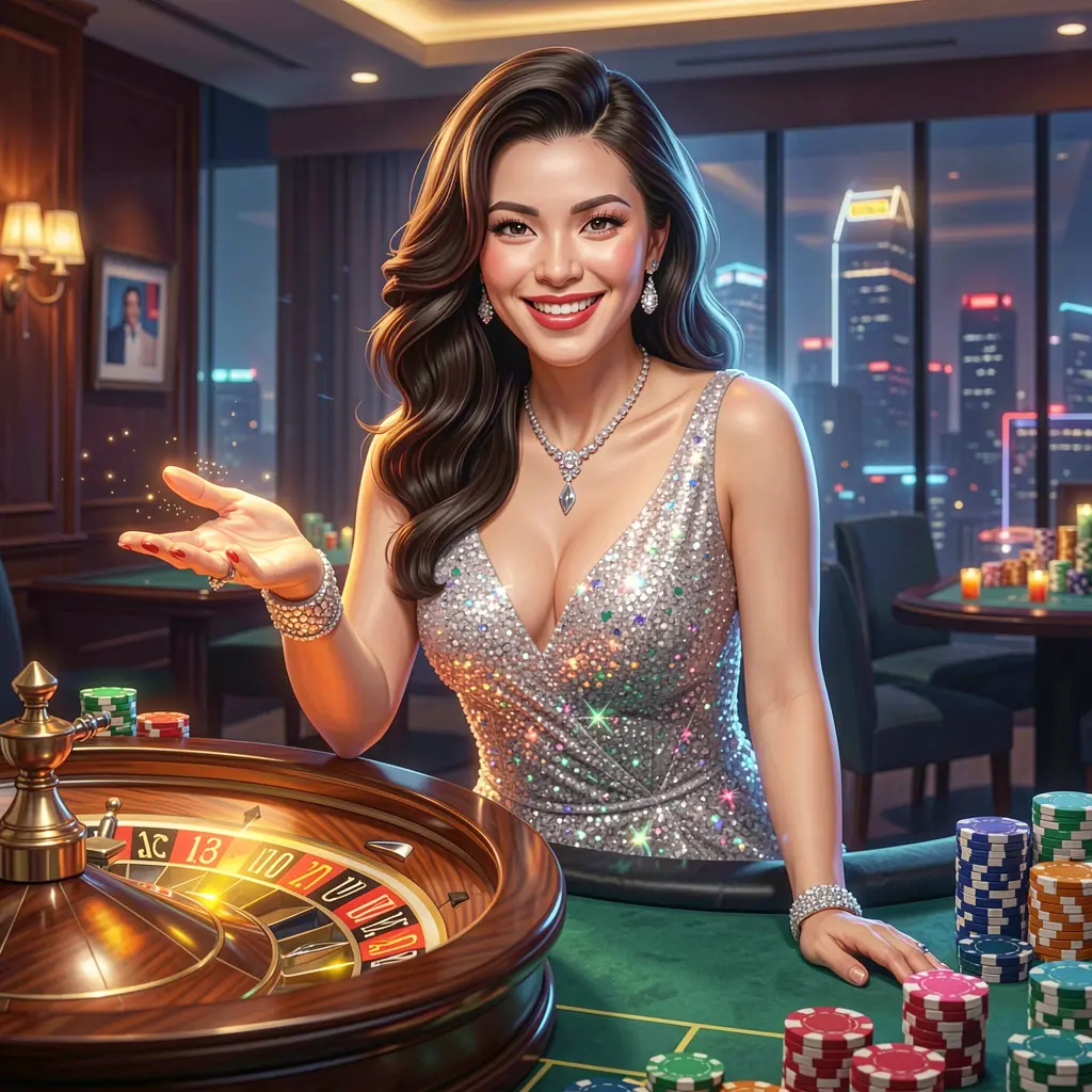 Elegant casino hostess inviting players to log in with glowing roulette wheel and poker chips highlighting the premium DD9D9 gaming experience for the Philippines